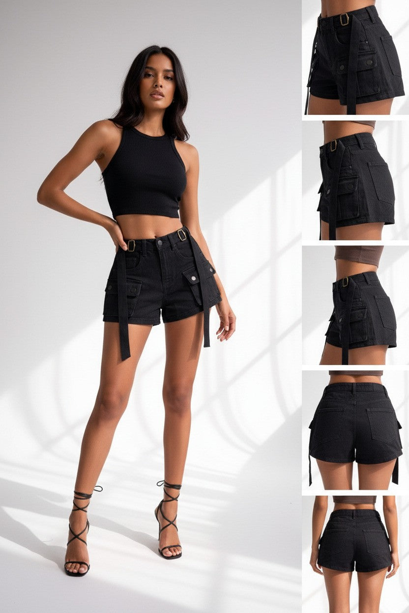 Spring Summer Slim Fit High Women’s Cargo Jean Shorts
