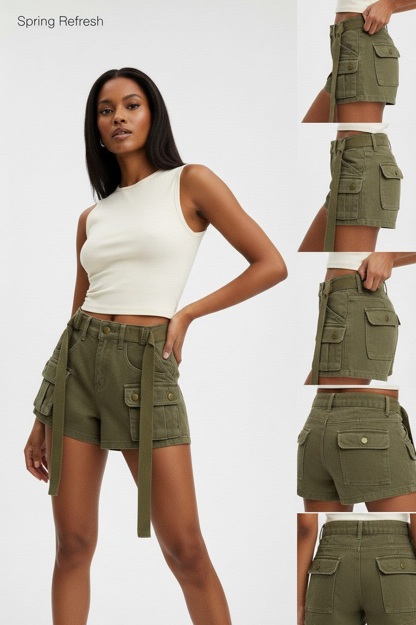 Spring Summer Slim Fit High Women’s Cargo Jean Shorts