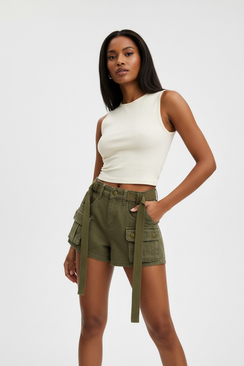 Spring Summer Slim Fit High Women’s Cargo Jean Shorts