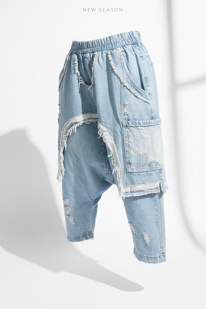 Ripped Hole Elastic Waist Street Cargo Pants