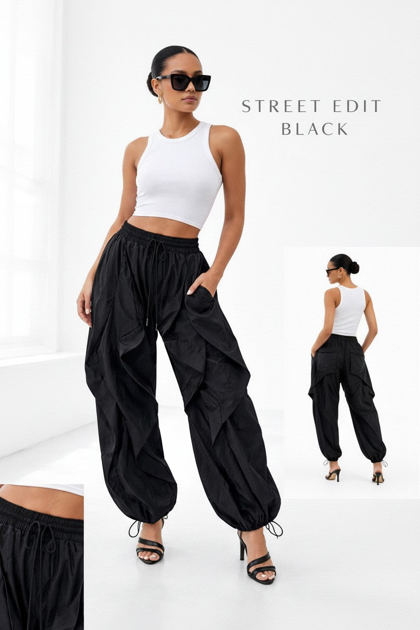 Drawstring Ruffle Fit Street Fashion Cargo Pants for Women