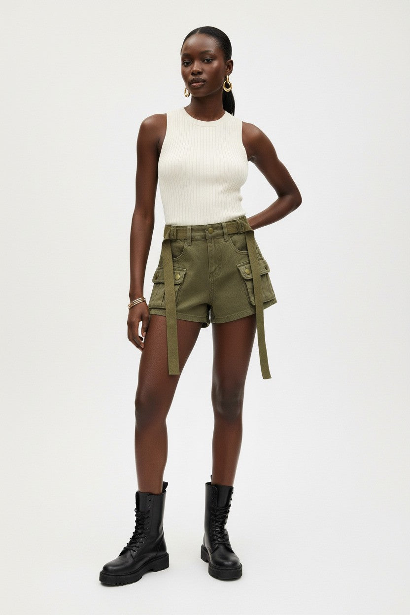 Spring Summer Slim Fit High Women’s Cargo Jean Shorts